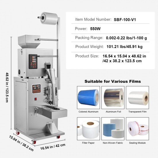 Automatic Particle Packaging Machine, 0.002-0.22lbs/1-100g, Multi-Function Weighing Packing Machine, Filling Sealling Mchine for Tea Seeds Grains Flour Beans Glitter