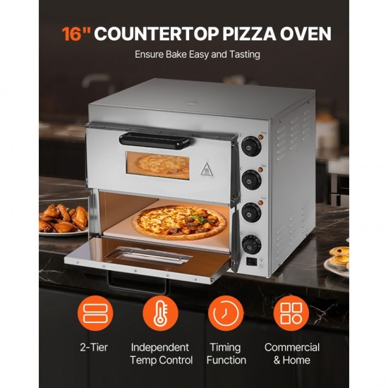 Commercial Electric Pizza Oven - 16-Inch Counter Pizza Maker with Double Deck Layers, Stainless Steel Construction, Multipurpose Indoor Oven for Baking Pizzas, Pretzels, Bread, and More - Ideal for Home, Restaurant, and Parties