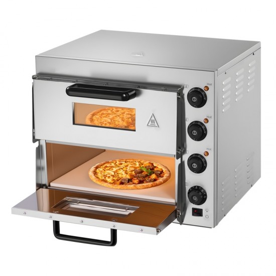Commercial Electric Pizza Oven - 16-Inch Counter Pizza Maker with Double Deck Layers, Stainless Steel Construction, Multipurpose Indoor Oven for Baking Pizzas, Pretzels, Bread, and More - Ideal for Home, Restaurant, and Parties