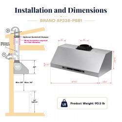 48 Inch Under Cabinet Range Hood 1400CFM 6-Speed DC Motor Baffle Filter Stainless Steel Kitchen Hood