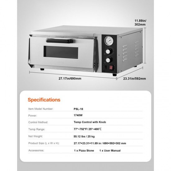 Electric Pizza Oven - 18-Inch Commercial Pizza Ovens 842F Max Temp 1740W Large Pizza Oven Counter with Temp & Time Control Built-in Thermometer Indoor Pizza Maker for Restaurant & Home Use - Perfect for Crispy Pizzas, Baking Bread, Pastries