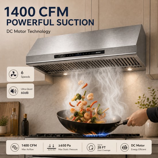 Under Cabinet Range Hood 48 Inch, 1400 CFM Stainless Steel Ducted, Standalone 6-Speed DC Motor, Voice Gesture Touch Control