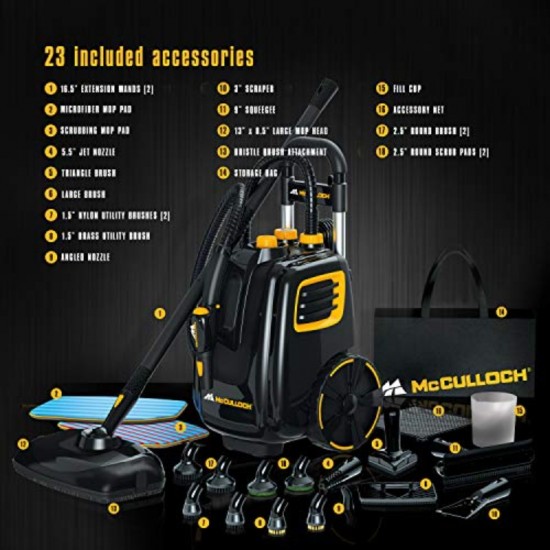 MC1385 Deluxe Canister Steam Cleaner with 23 Accessories and A1230-005 Nylon Utility Brush 5 Pack and A1375-101 Replacement Scrubbing Microfiber Mop Pad for MC1375, MC1385, 2-Pack