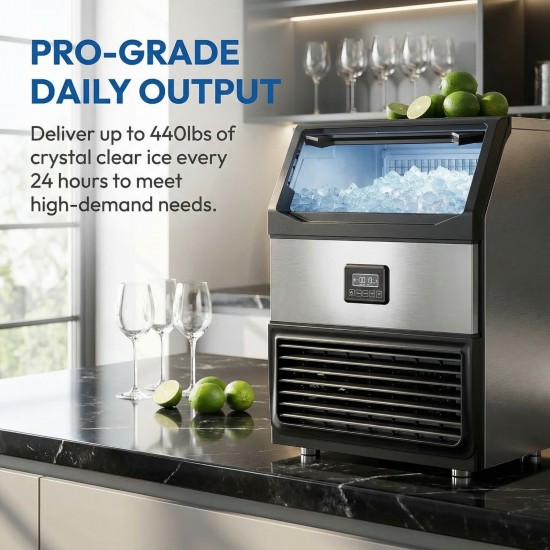 Ice Maker Machine 440lbs Daily Output, Freestanding Self-Contained Ice Maker with 77lbs Storage Bin, LCD Display Panel with Connection Hoses & Scoop for Home Bar or Office Use