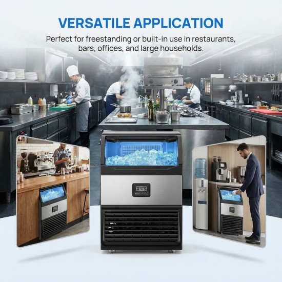 Ice Maker Machine 440lbs Daily Output, Freestanding Self-Contained Ice Maker with 77lbs Storage Bin, LCD Display Panel with Connection Hoses & Scoop for Home Bar or Office Use