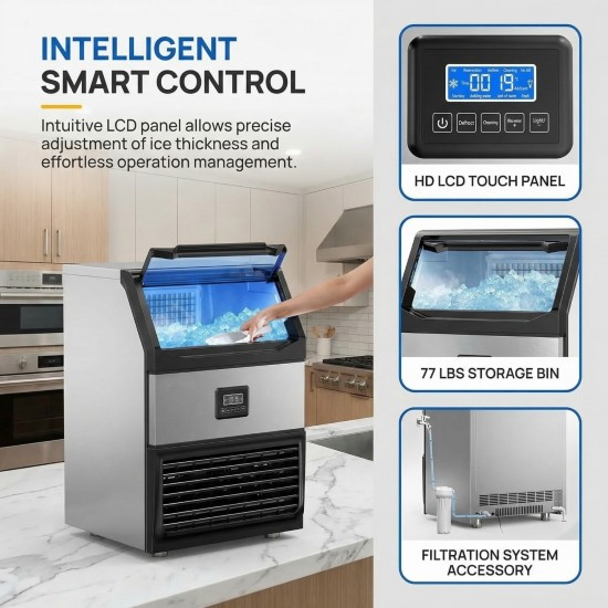 Ice Maker Machine 440lbs Daily Output, Freestanding Self-Contained Ice Maker with 77lbs Storage Bin, LCD Display Panel with Connection Hoses & Scoop for Home Bar or Office Use