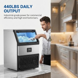 Ice Maker Machine 440lbs Daily Output, Freestanding Self-Contained Ice Maker with 77lbs Storage Bin, LCD Display Panel with Connection Hoses & Scoop for Home Bar or Office Use