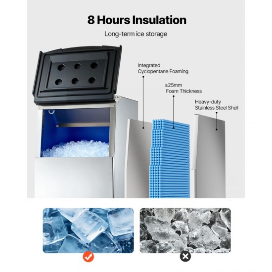 Ice Storage Bin - 250LBS Capacity Stainless Steel Ice Storage with Water Filter, Adjustable Anti-Slip Rubber Feet & 8-Hour Insulation, Ideal for Restaurants, Hotels & Beverage Shops