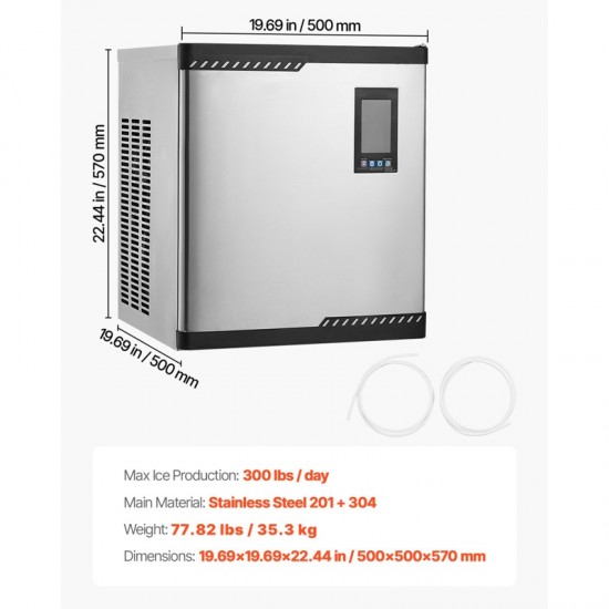 Commercial Ice Maker Machine - Head 300 Lbs/Day Stainless Steel Ice Maker with Scheduled Ice-Making, Self-Cleaning, Adjustable Thickness for Restaurant, Bar, Cafe, Hotel - Heavy Duty Ice Production