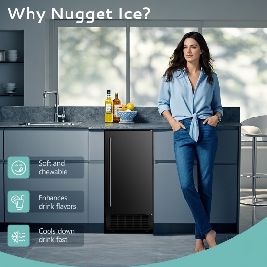 Commercial Ice Machine, Under Counter Ice Maker 66 Lb/Day, Built-in Freestanding Nugget Ice Maker With 2-Drawer Ice Baskets, Auto-Cleaning & 24H Timer, For Commercial & Home Use