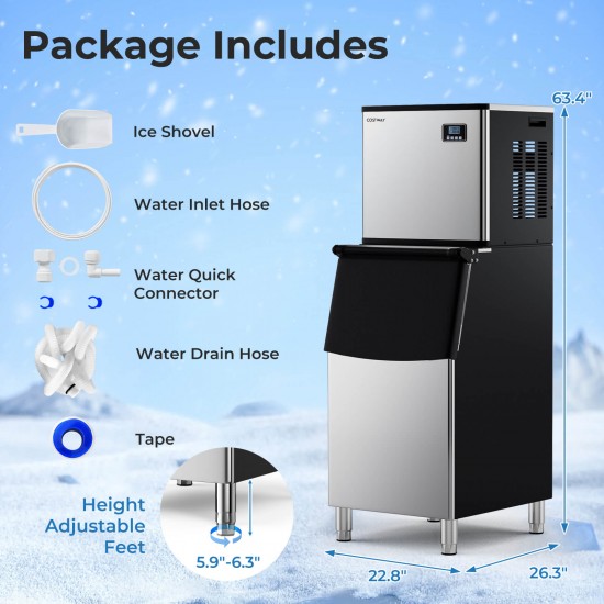 Commercial Ice Maker Machine 418 LBS/24H with 200 LBS Storage Bin, 192PCS Ice Cubes in 11-20 Mins, Approved Industrial Ice Machine with Auto Self-Cleaning for Restaurant, Bar and Cafe.