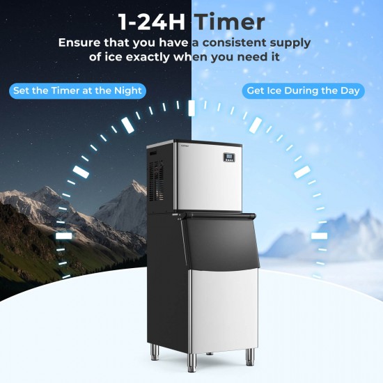 Commercial Ice Maker Machine 418 LBS/24H with 200 LBS Storage Bin, 192PCS Ice Cubes in 11-20 Mins, Approved Industrial Ice Machine with Auto Self-Cleaning for Restaurant, Bar and Cafe.