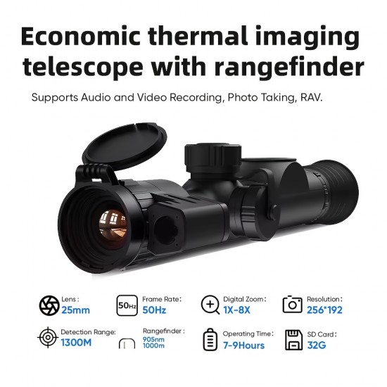 Long-Distance Thermal Imaging Sight, Used for Hunting Night Vision Sight, 50 Hz Thermal Imaging Device, Built-In Rangefinder And Video Recording Function, Equipped with Ballistic Calculator 8X Digital Zoom, Suitable for Day And Night Rifle Hunting