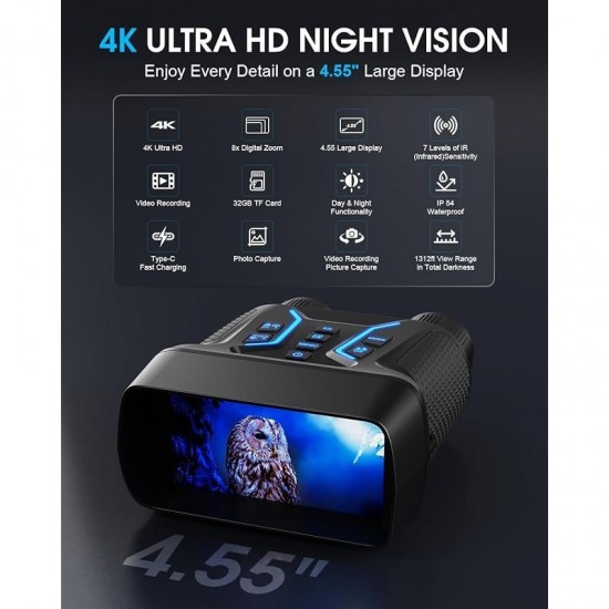 4K Night Vision Binoculars for AdultsNight Vision Goggles for Helmet[1312FT]8X Digital Zoom7-Level Infrared Adjustment for Camping32GB Card for Videos