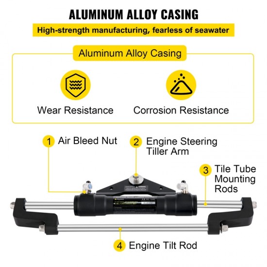 Hydraulic Steering Cylinder 300 - Front Mount Outboard Marine Steering Kit for Center Console, Bass & Offshore Fishing Boats - Corrosion-Resistant Aluminum Alloy, Built-In Two-Way Lock, ORB Fitting - Ideal for Hydraulic Steering System Without Hose & Helm