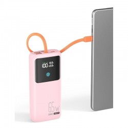 Portable Laptop Charger 24000mAh 65W w/USB C Built-in Cable Pink | 65W Fast charging LED display Charge 4 devices at once Pass through TSA approved Compatible with Macbook/Notebook/iPhone