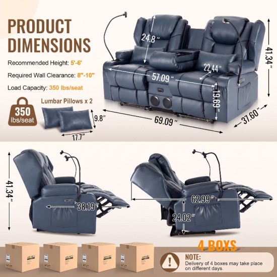 69'' 2-Seater Power Recliner Loveseat, Blue PU Leather Home Theater Reclining Sofa with 8-Point Vibration Massage, Lumbar Heating, Bluetooth Speakers, LED Ambient Light, 360° Phone Holders 2 Lumbar Pillows Cup Holders & USB Charging, 700LBS Capacity