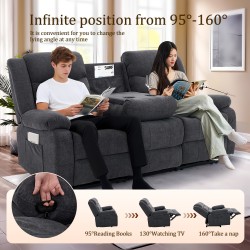 Oversized Heated Massage Recliner Sofa with Manual Adjustable Console & Massage System, 3-Seater Suitable for Family Use, Corded Control, Plug-and-Play, Front/Side Storage Pockets, -Type Outlet Compatible for Living Room