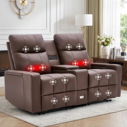 Recliner with Massage And Heating Functions, Manually Adjustable Chair, Two-Seater Sofa, Hidden Storage Space, Equipped with Cup Holders And USB Charging, with a Power Socket, Faux Leather, Suitable for Living Room And Home Theater, Living Room Sofa