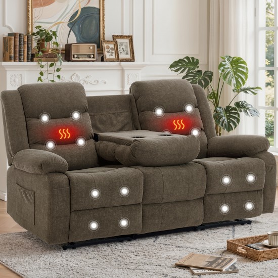 Dark Gray Faux Cashmere 3 Seater Recliner Sofa With Massage And Heating Function, Manual Reclining Couch With Cup Holders And Side Storage Pocket For Living Room Home Theater