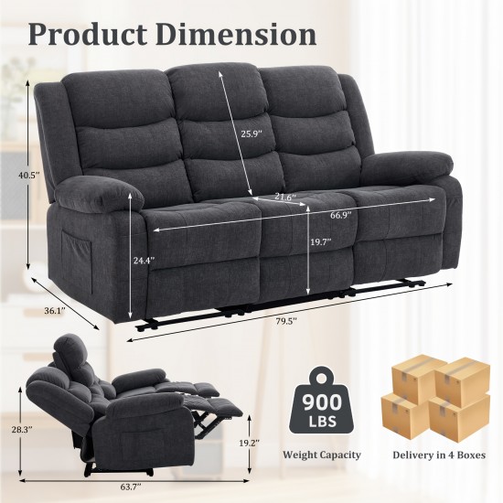 Dark Gray Faux Cashmere 3 Seater Recliner Sofa With Massage And Heating Function, Manual Reclining Couch With Cup Holders And Side Storage Pocket For Living Room Home Theater