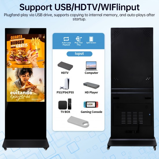 1pc Black 43-Inch Digital Signage Kiosk Display 1080P Digital Kiosk Interactive Displays Floor Standing 2K IPS Smart Indoor Interactive LCD Commercial Kiosk with Android 11 System Interactive Advertising Media Player (Two Types Available: Non-Touchs