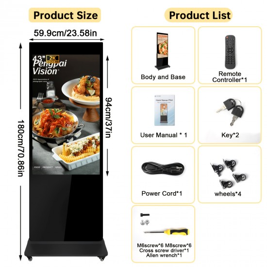 1pc Black 43-Inch Digital Signage Kiosk Display 1080P Digital Kiosk Interactive Displays Floor Standing 2K IPS Smart Indoor Interactive LCD Commercial Kiosk with Android 11 System Interactive Advertising Media Player (Two Types Available: Non-Touchs