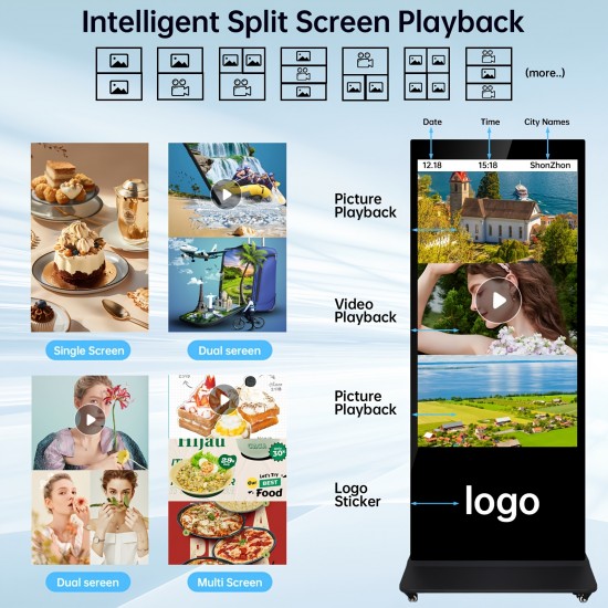 1pc Black 43-Inch Digital Signage Kiosk Display 1080P Digital Kiosk Interactive Displays Floor Standing 2K IPS Smart Indoor Interactive LCD Commercial Kiosk with Android 11 System Interactive Advertising Media Player (Two Types Available: Non-Touchs