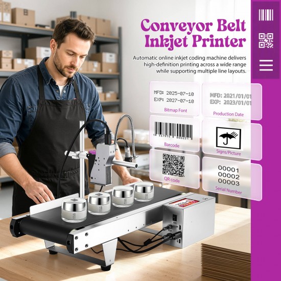 Professional Industrial Inkjet Coding Machine with 7.5In Conveyor Belt, 2-12.7Mm Print Height, for Expiry Dates, Barcode, QR Code Printer, Compatible for Labeling for Batch Numbers, Date Printing for Retail, Pharmaceutical, Logistics