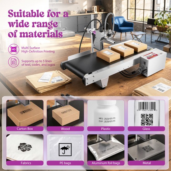 Professional Industrial Inkjet Coding Machine with 7.5In Conveyor Belt, 2-12.7Mm Print Height, for Expiry Dates, Barcode, QR Code Printer, Compatible for Labeling for Batch Numbers, Date Printing for Retail, Pharmaceutical, Logistics